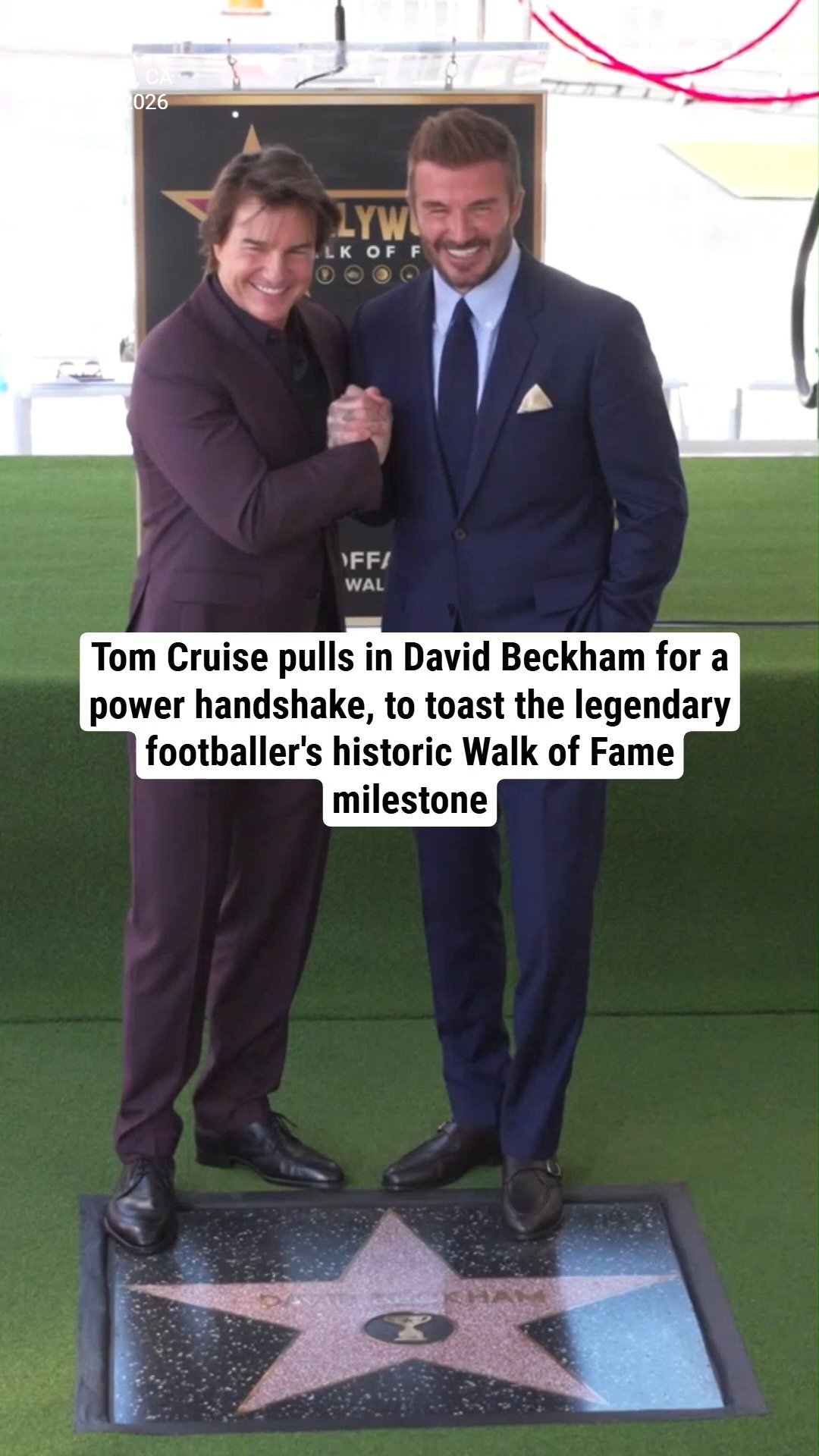 Tom Cruise pulls in David Beckham for a power handshake, to toast the legendary footballer's historic Walk of Fame milestone