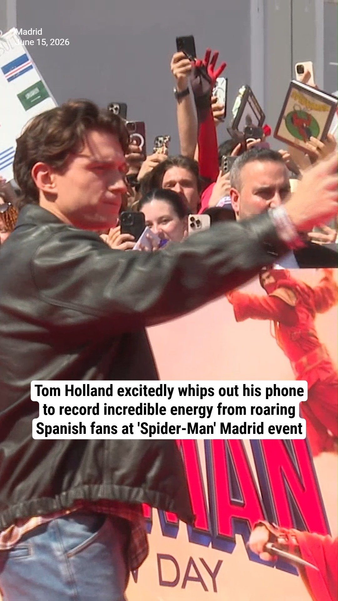 Tom Holland excitedly whips out his phone to record incredible energy from roaring Spanish fans at 'Spider-Man' Madrid event