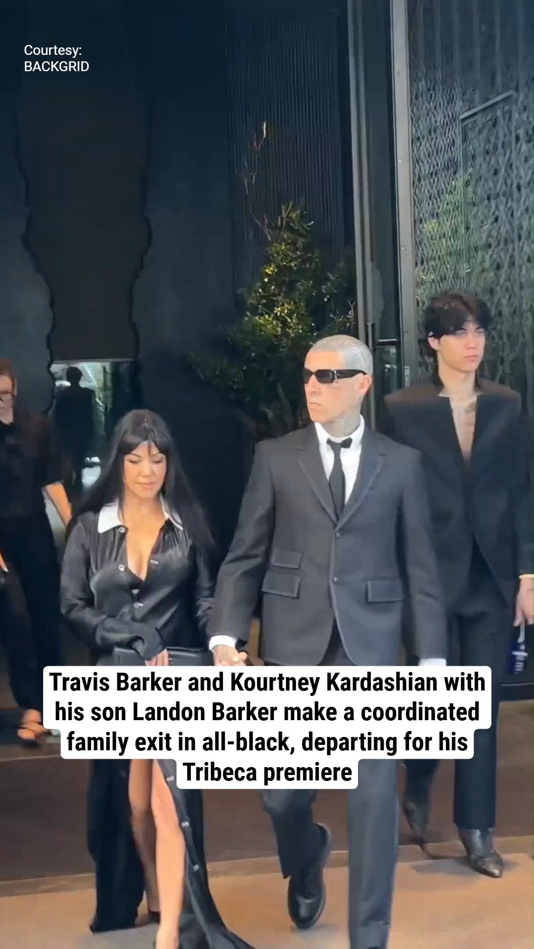 Travis Barker and Kourtney Kardashian with his son Landon Barker make a coordinated family exit in all-black, departing for his Tribeca premiere