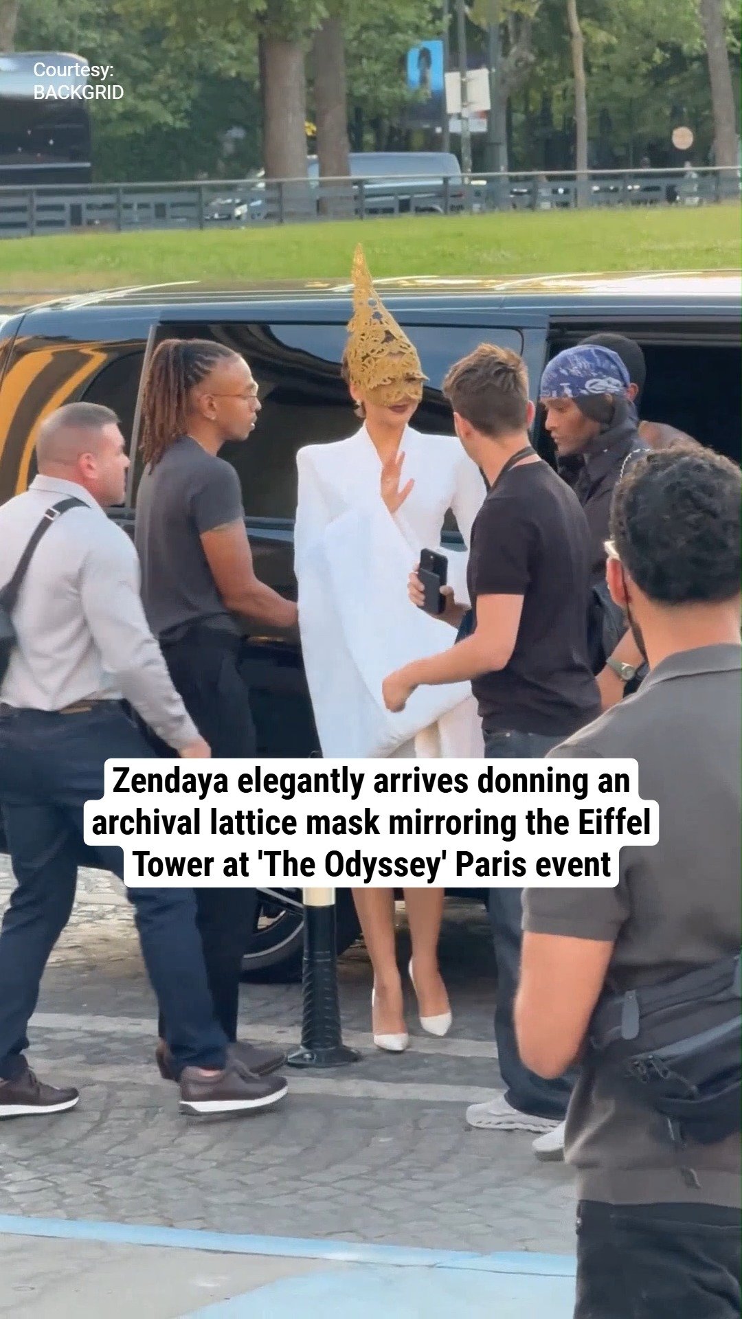 Zendaya elegantly arrives donning an archival lattice mask mirroring the Eiffel Tower at 'The Odyssey' Paris event
