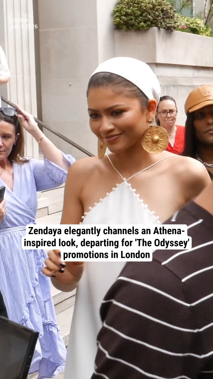 Zendaya elegantly channels an Athena-inspired look, departing for 'The Odyssey' promotions in London