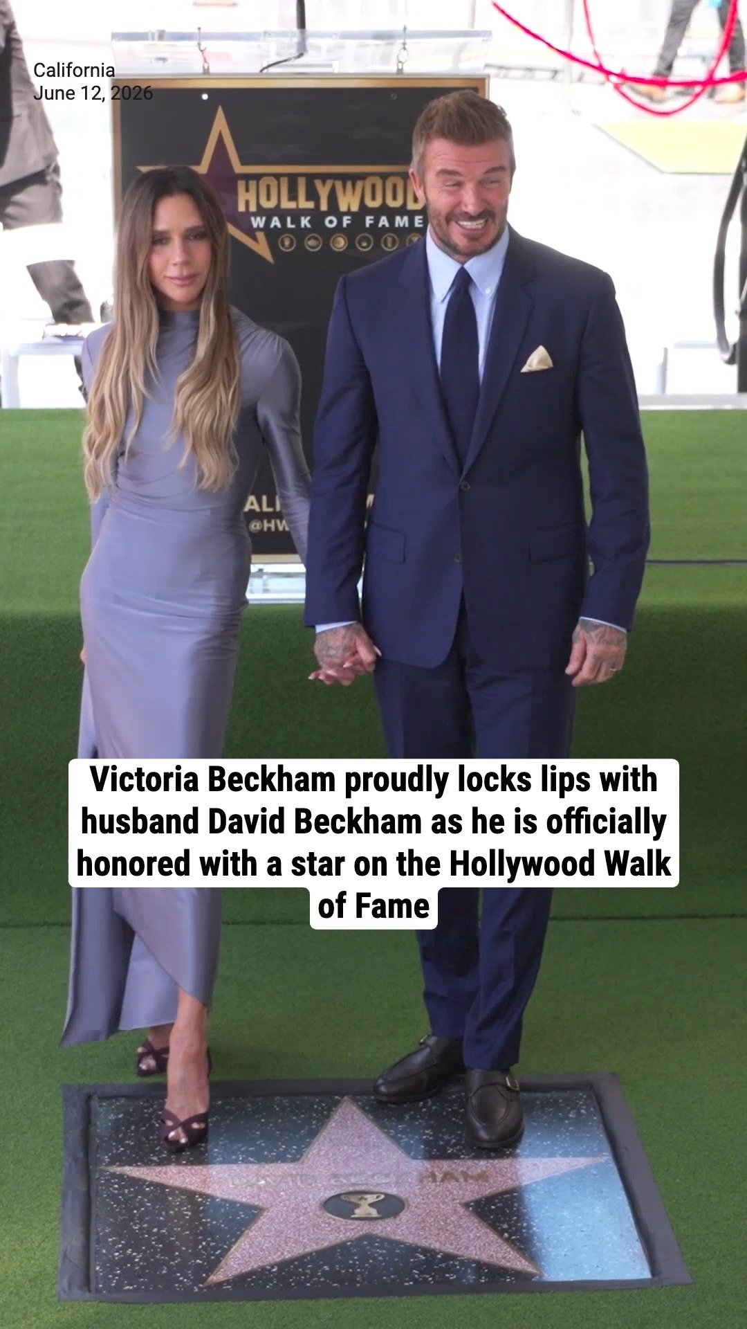 Victoria Beckham proudly locks lips with husband David Beckham as he is officially honored with a star on the Hollywood Walk of Fame