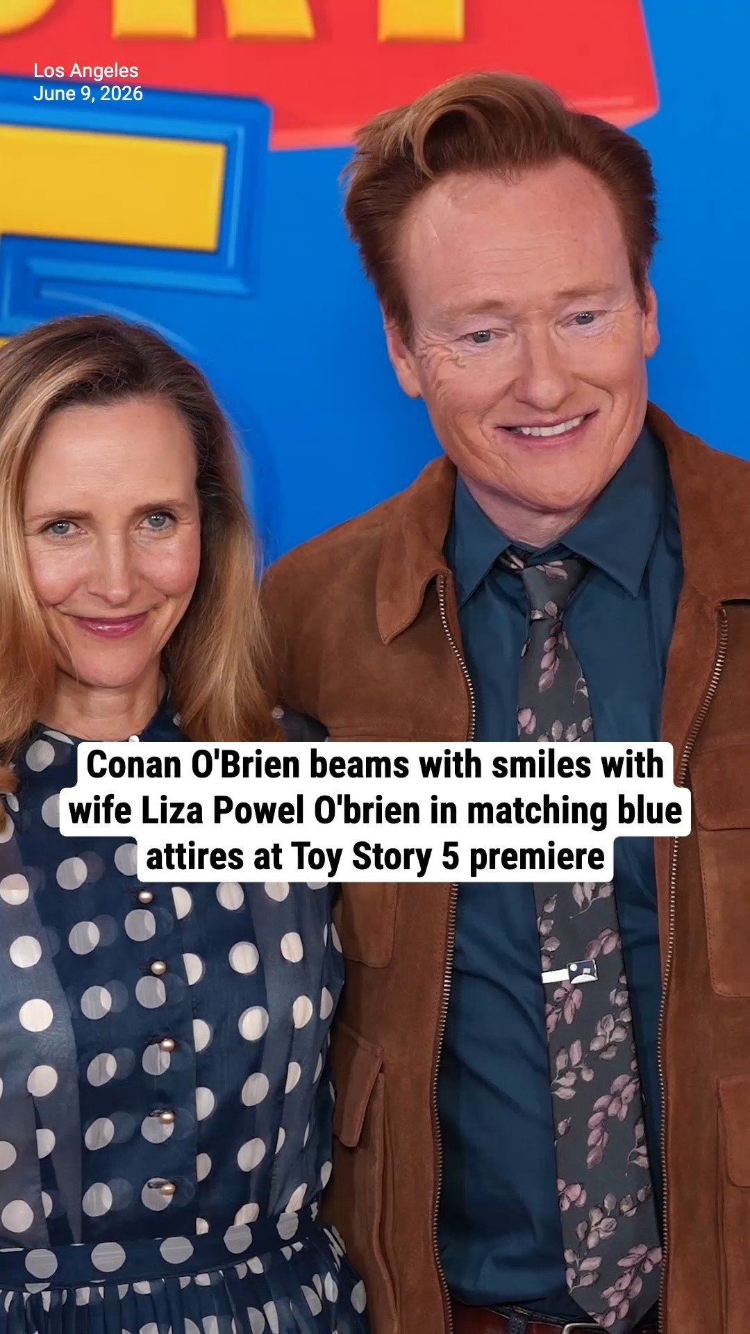 Conan O'Brien beams with smiles with wife Liza Powel O'brien in matching blue attires at Toy Story 5 premiere
