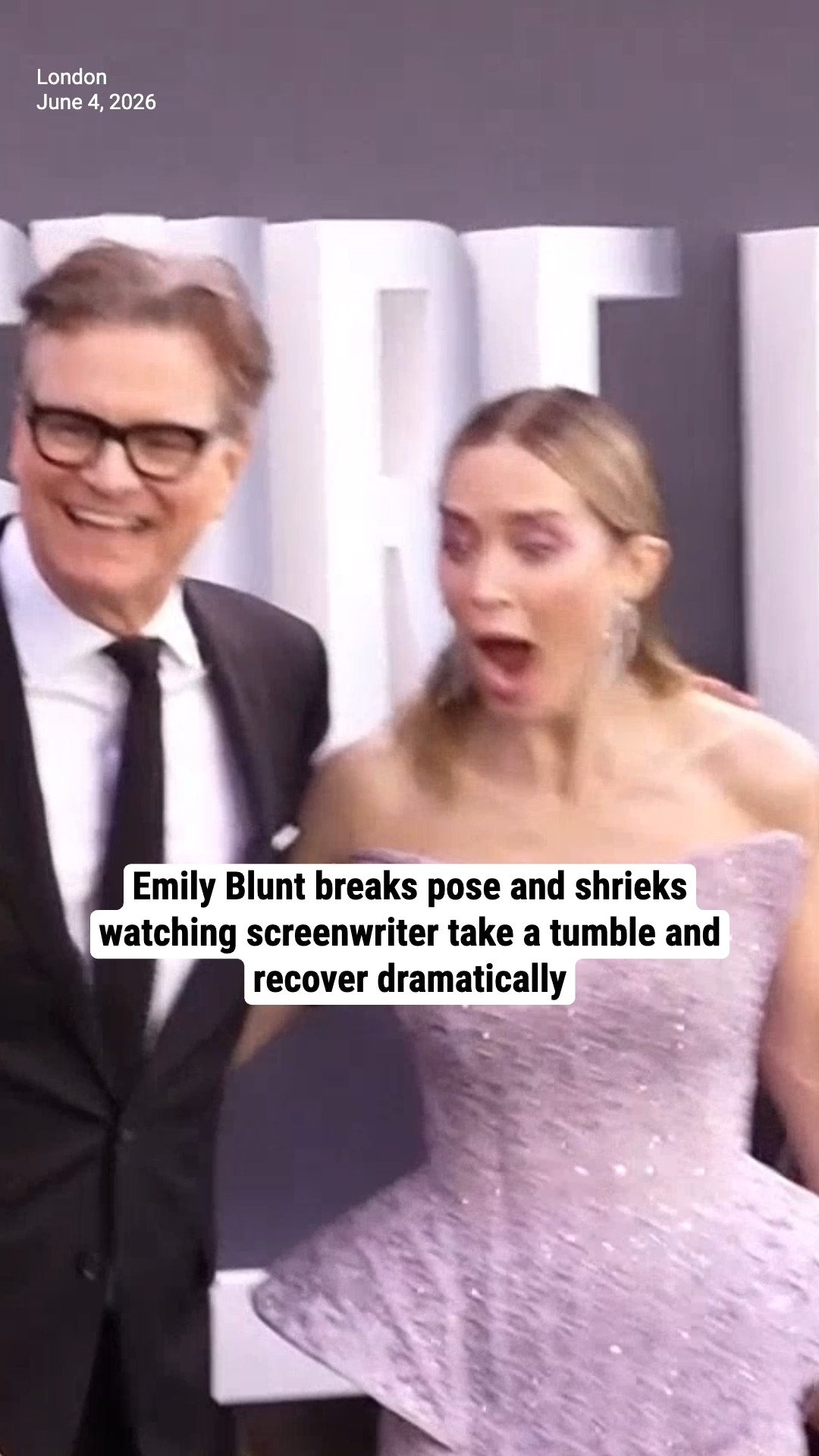 Emily Blunt breaks pose and shrieks watching screenwriter take a tumble and recover dramatically
