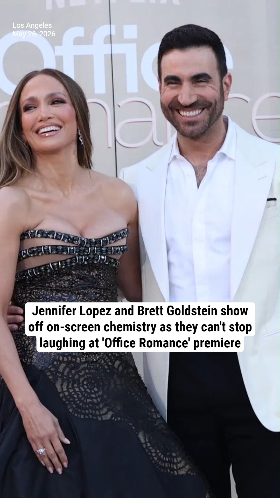 Jennifer Lopez and Brett Goldstein show off on-screen chemistry as they can't stop laughing at 'Office Romance' premiere
