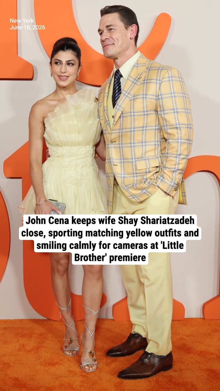 John Cena keeps wife Shay Shariatzadeh close, sporting matching yellow outfits and smiling calmly for cameras at 'Little Brother' premiere