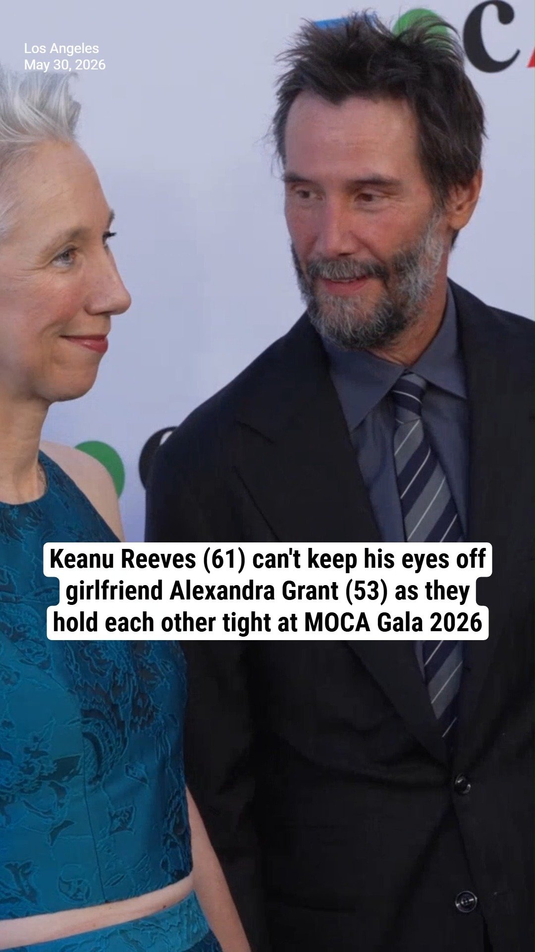 Keanu Reeves (61) can't keep his eyes off girlfriend Alexandra Grant (53) as they hold each other tight at MOCA Gala 2026