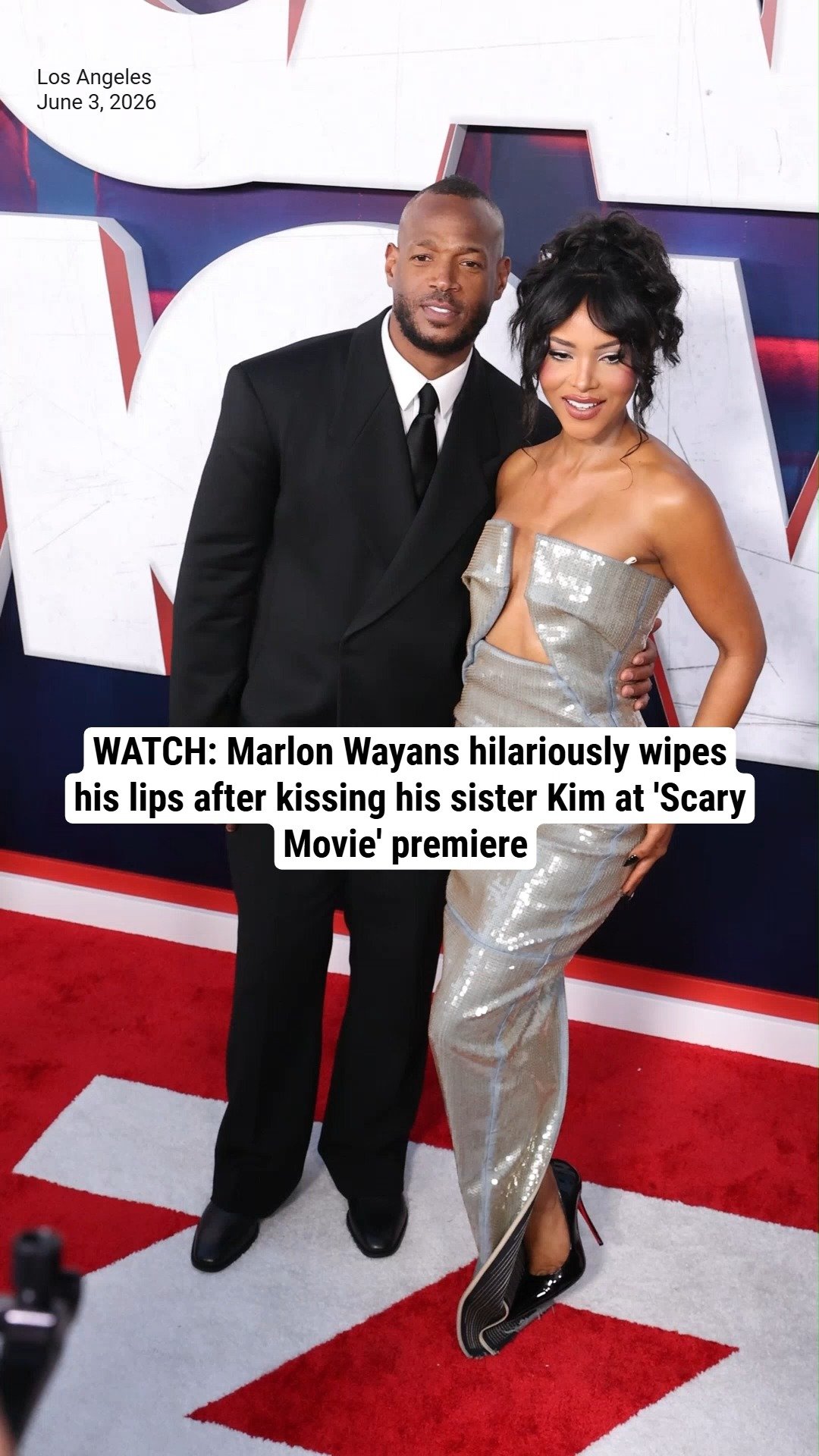 WATCH: Marlon Wayans hilariously wipes his lips after kissing his sister Kim at 'Scary Movie' premiere
