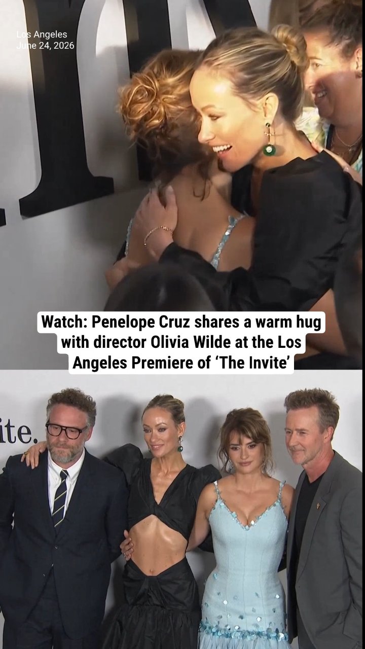 Watch: Penelope Cruz shares a warm hug with director Olivia Wilde at the Los Angeles Premiere of ‘The Invite’