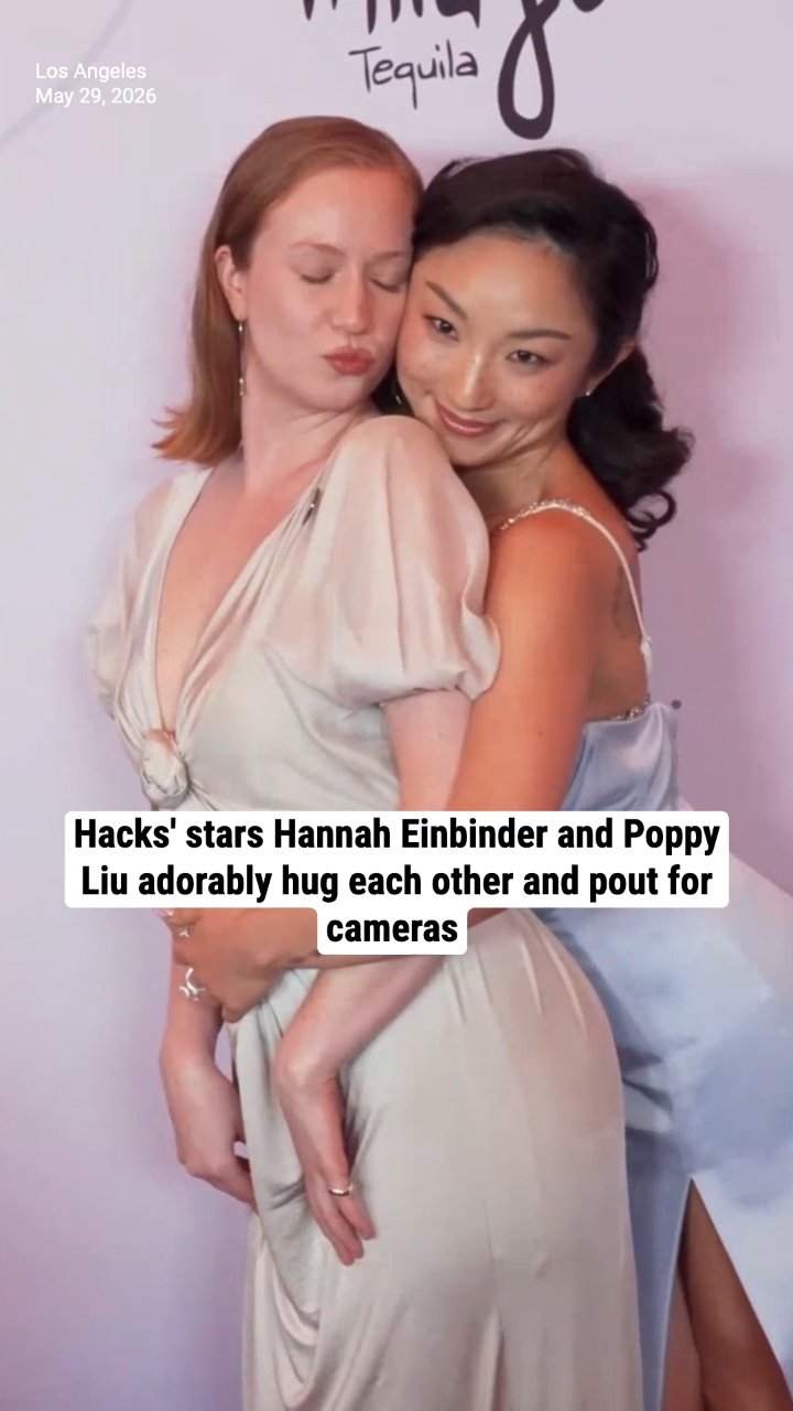 Hacks' stars Hannah Einbinder and Poppy Liu adorably hug each other and pout for cameras