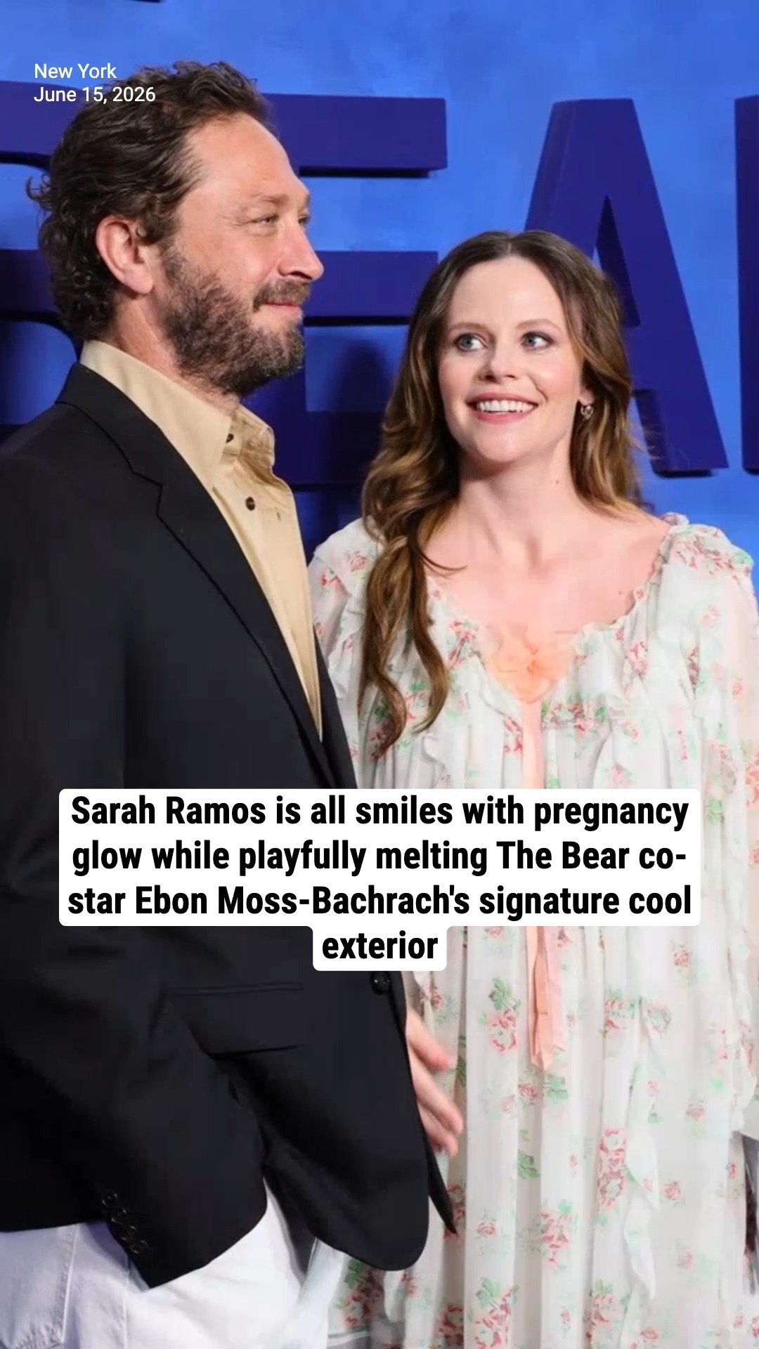 Sarah Ramos is all smiles with pregnancy glow while playfully melting The Bear co-star Ebon Moss-Bachrach's signature cool exterior