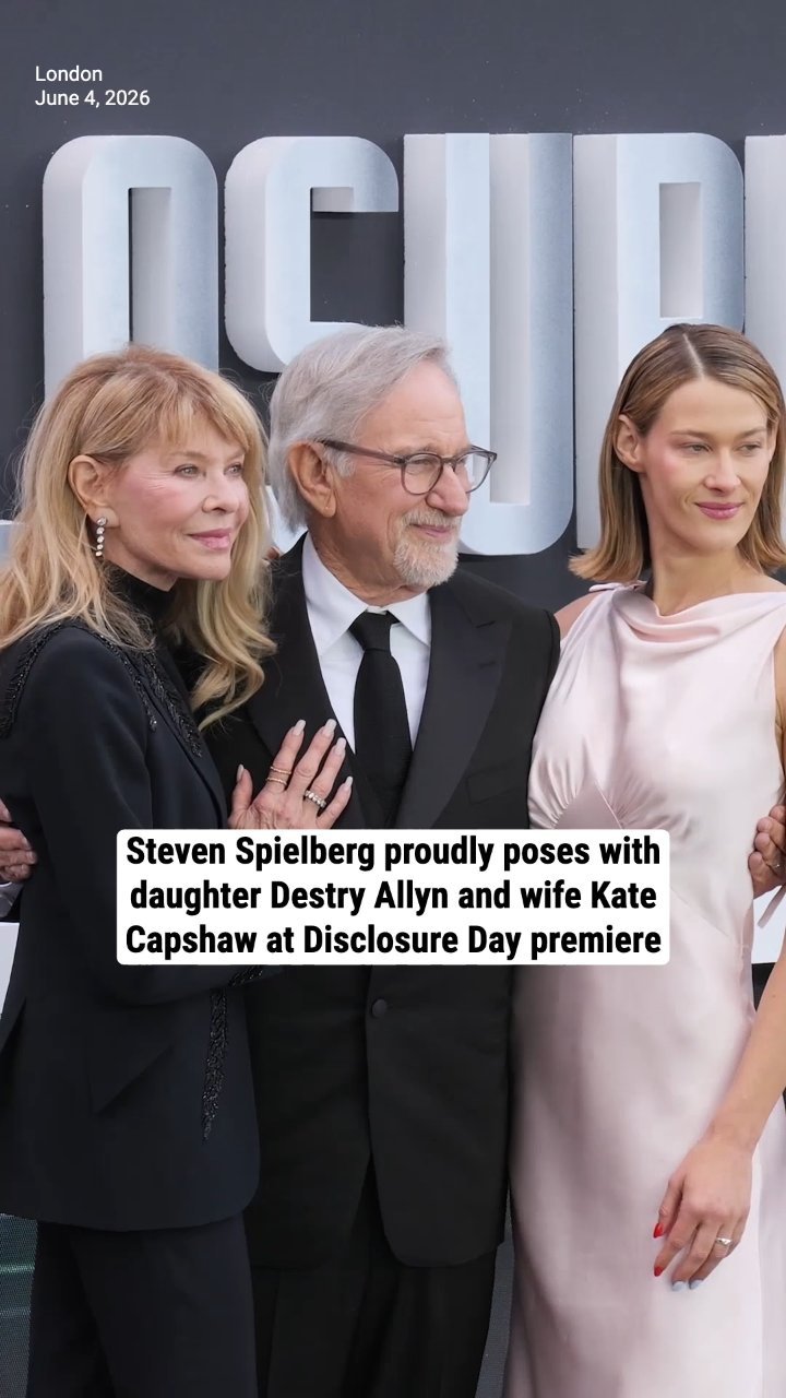 Steven Spielberg proudly poses with daughter Destry Allyn and wife Kate Capshaw at Disclosure Day premiere