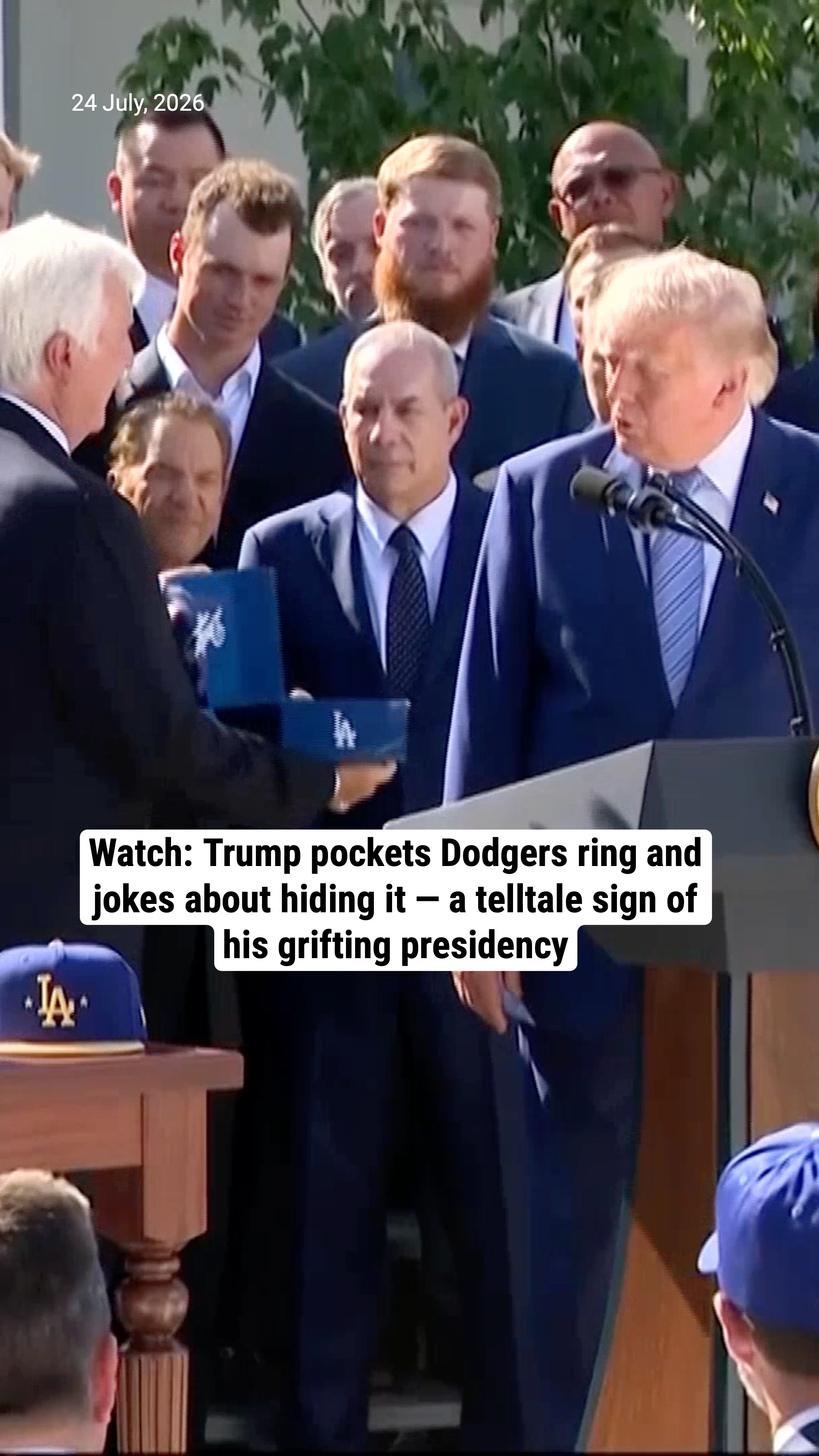 Watch: Trump pockets Dodgers ring and jokes about hiding it — a telltale sign of his grifting presidency