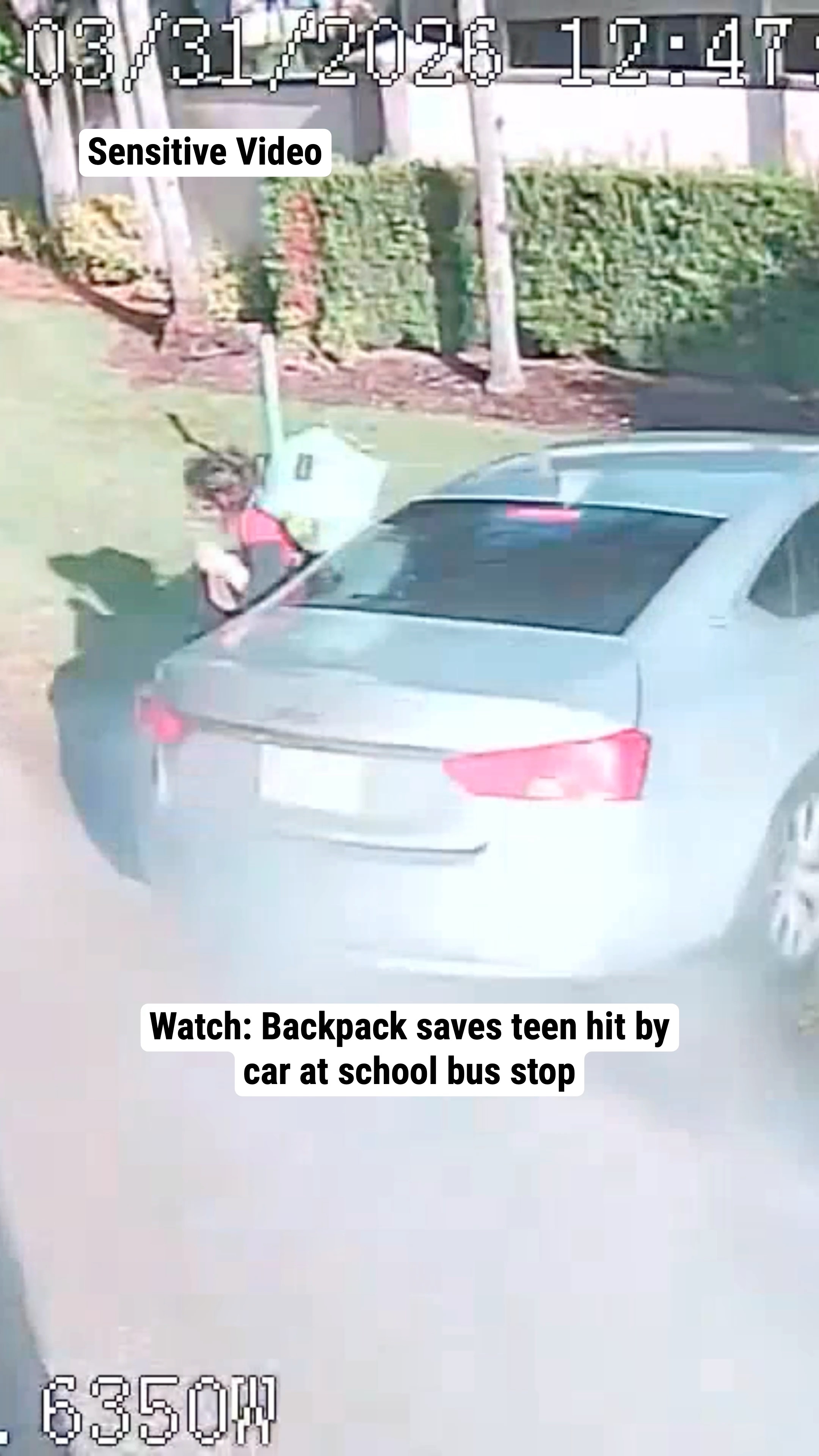 Watch: Backpack saves teen hit by car at school bus stop