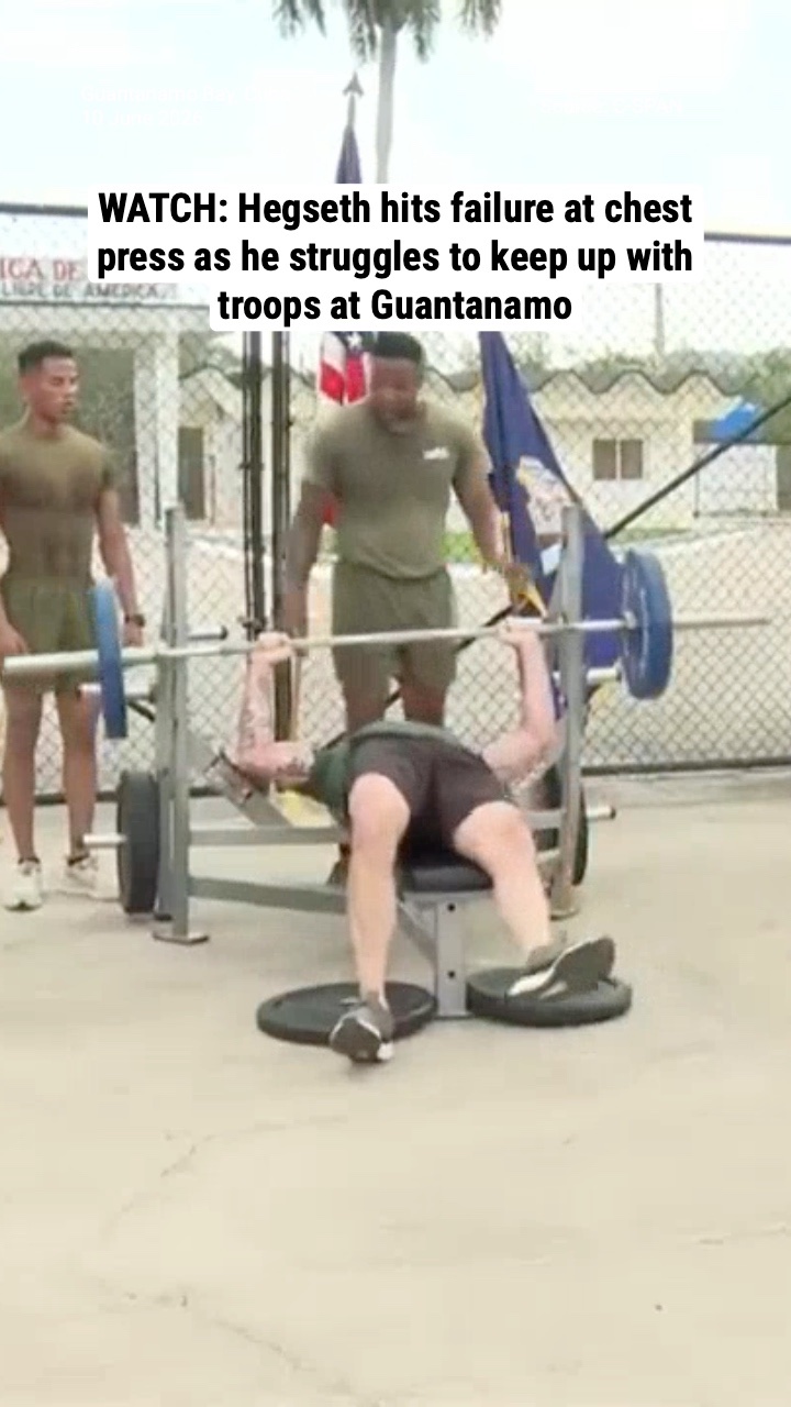 WATCH: Hegseth hits failure at chest press as he struggles to keep up with troops at Guantanamo