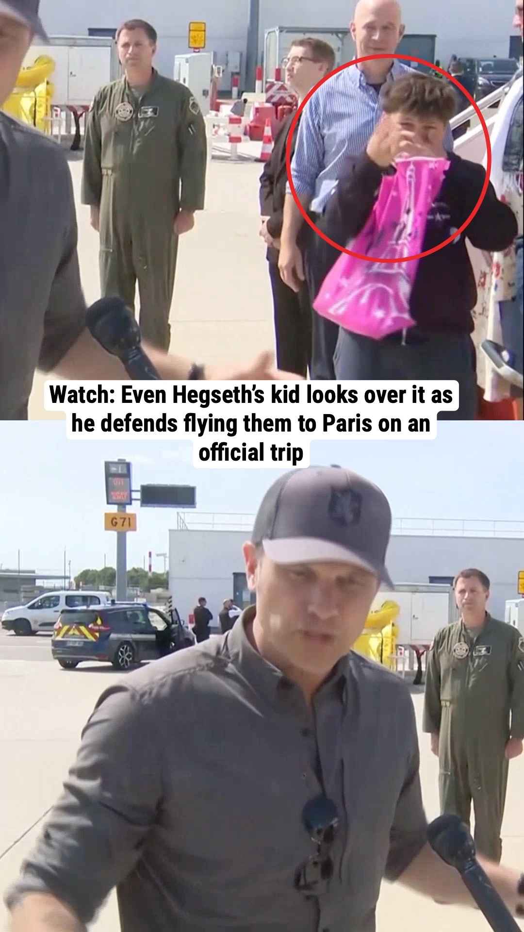 Watch: Even Hegseth’s kid looks over it as he defends flying them to Paris on an official trip