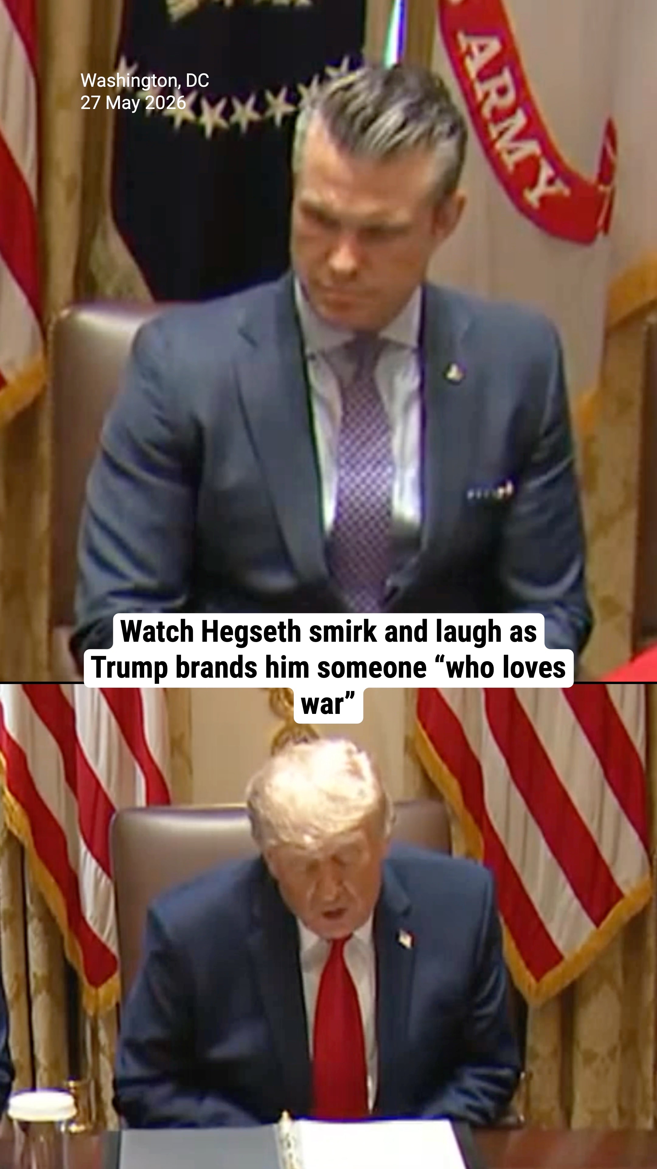 Watch Hegseth smirk and laugh as Trump brands him someone “who loves war”