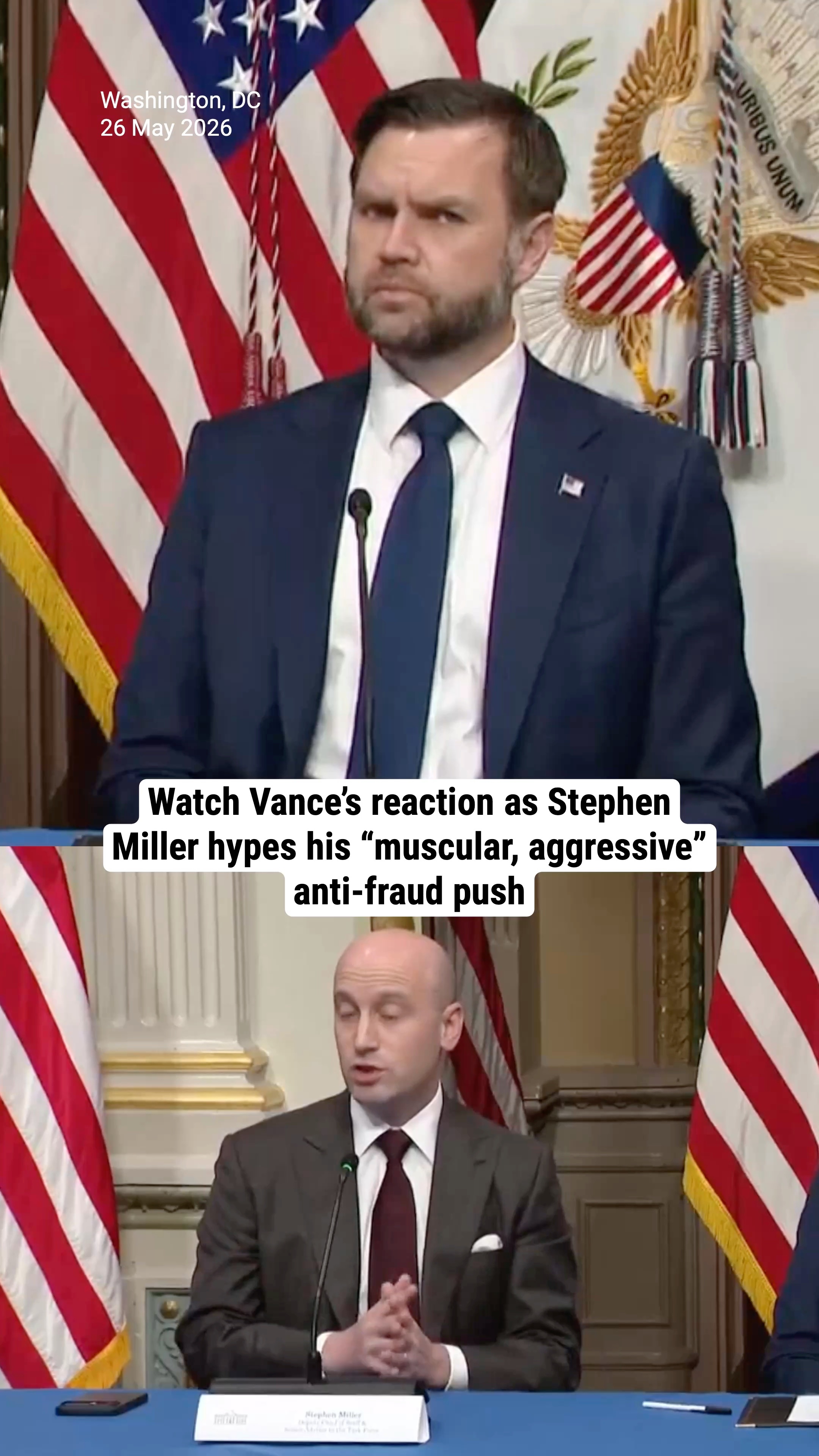 Watch Vance’s reaction as Stephen Miller hypes his “muscular, aggressive” anti-fraud push