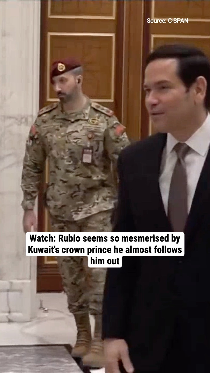 Watch: Rubio seems so mesmerised by Kuwait's crown prince he almost follows him out