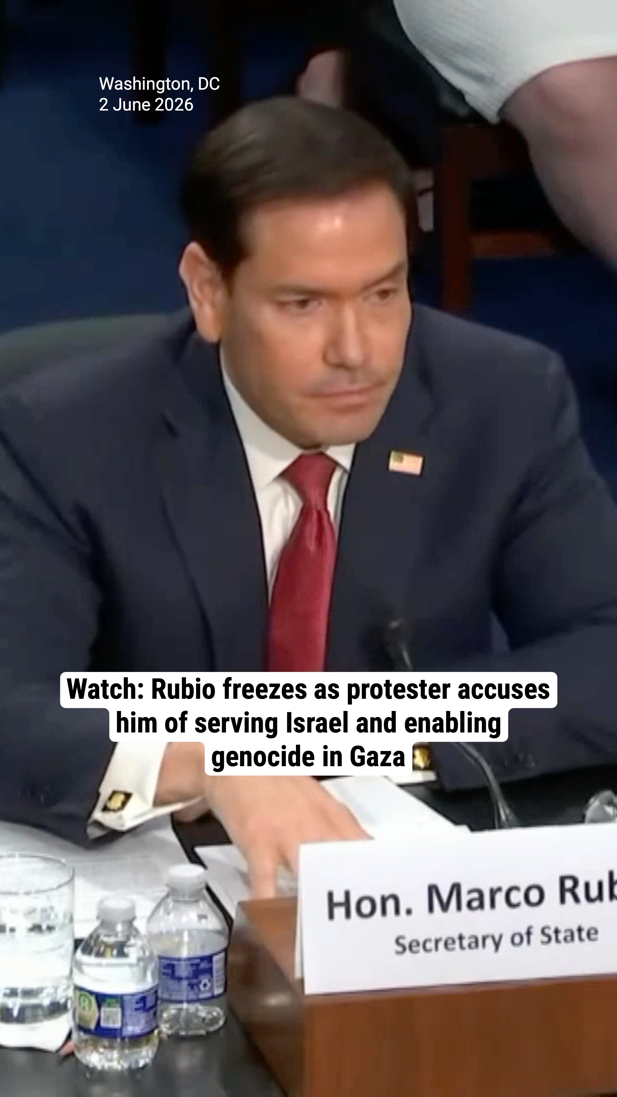 Watch: Rubio freezes as protester accuses him of serving Israel and enabling genocide in Gaza