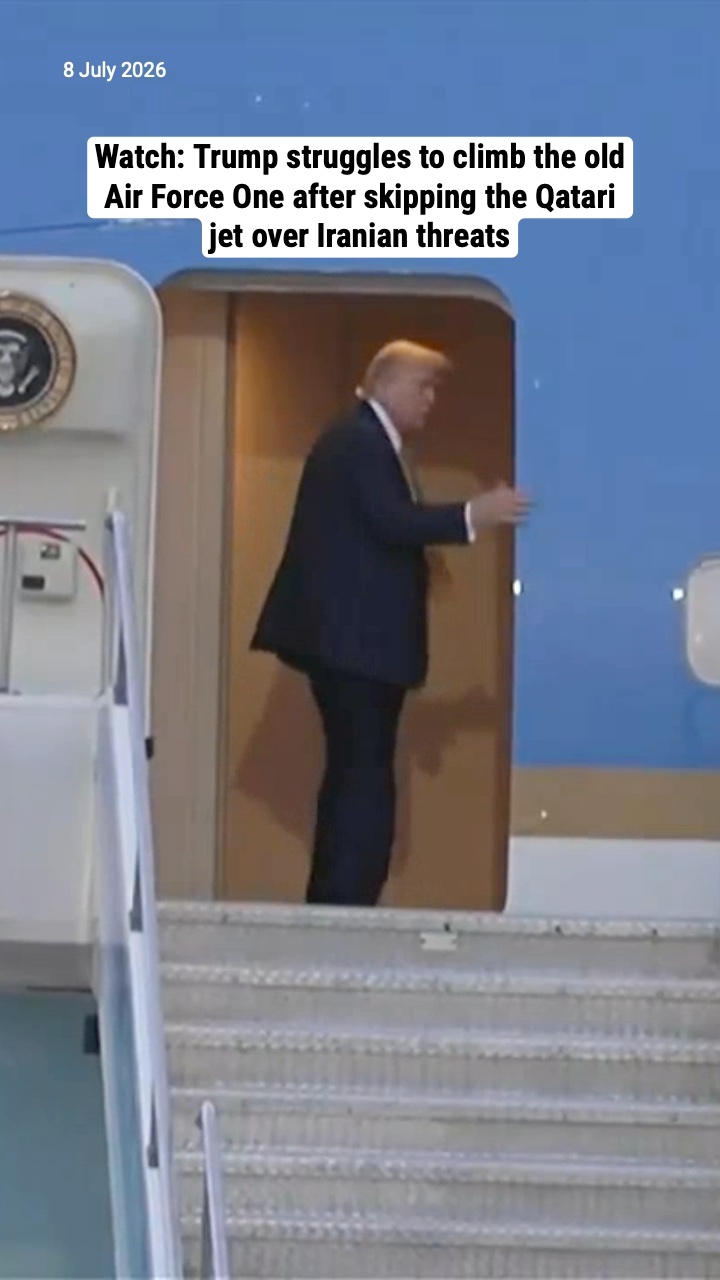 Watch: Trump struggles to climb the old Air Force One after skipping the Qatari jet over Iranian threats