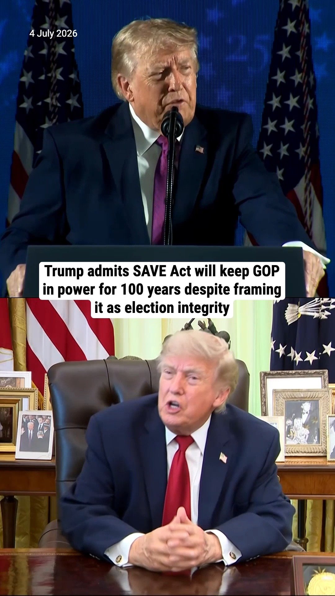 Trump admits SAVE Act will keep Republicans in power for 100 years despite framing it as election integrity