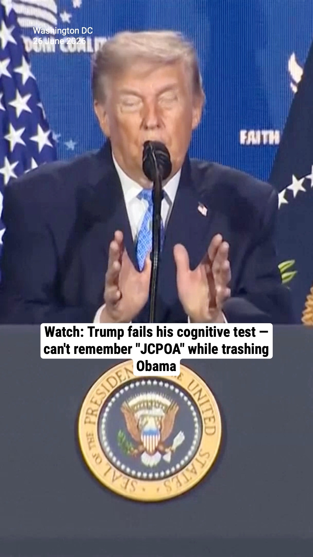 Watch: Trump fails his cognitive test — can't remember "JCPOA" while trashing Obama