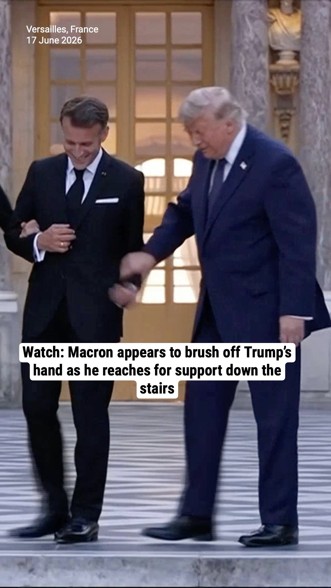 Watch: Macron appears to brush off Trump’s hand as he reaches for support down the stairs