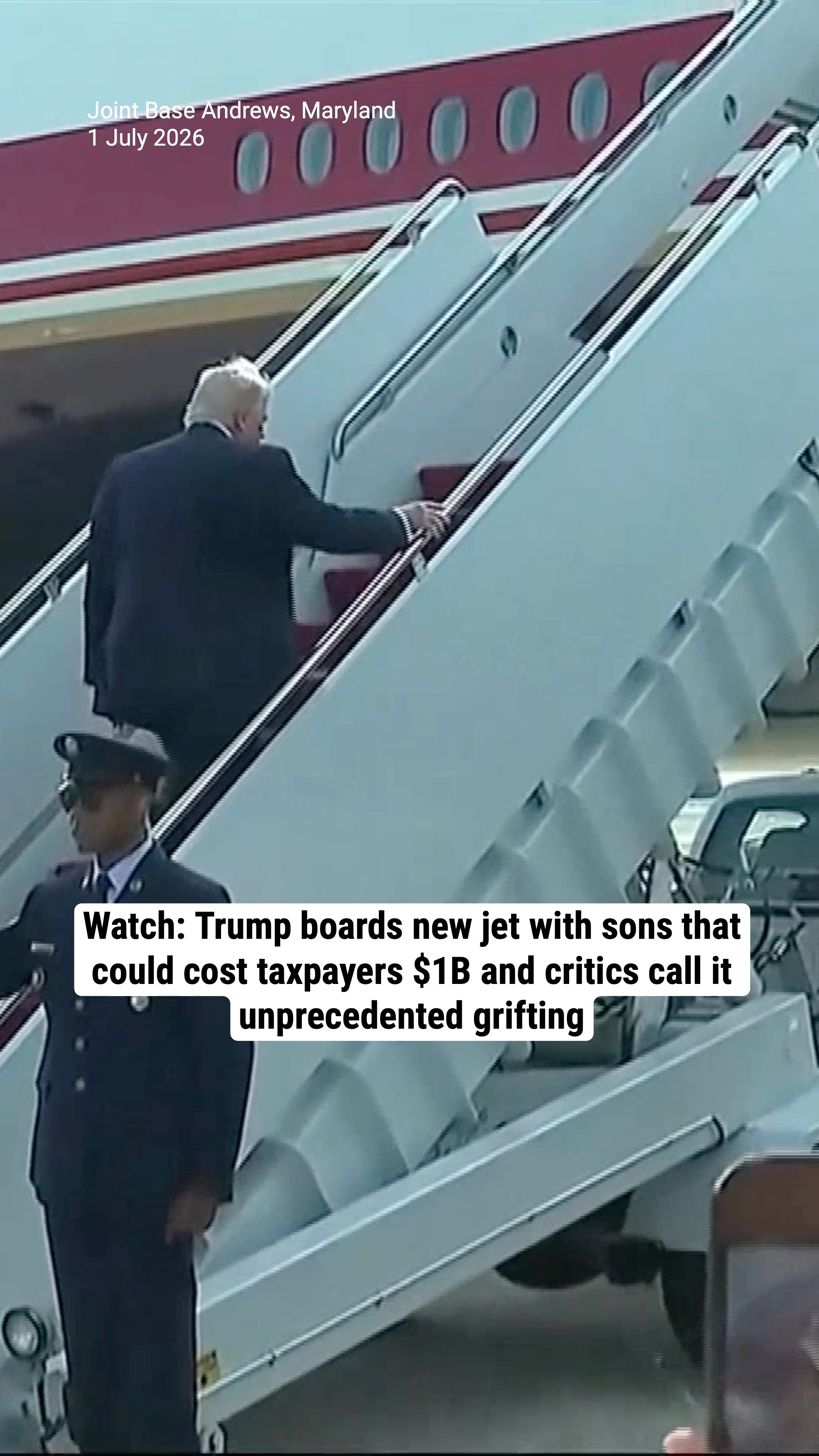 Watch: Trump boards new jet with sons that could cost taxpayers $1B and critics call it unprecedented grifting