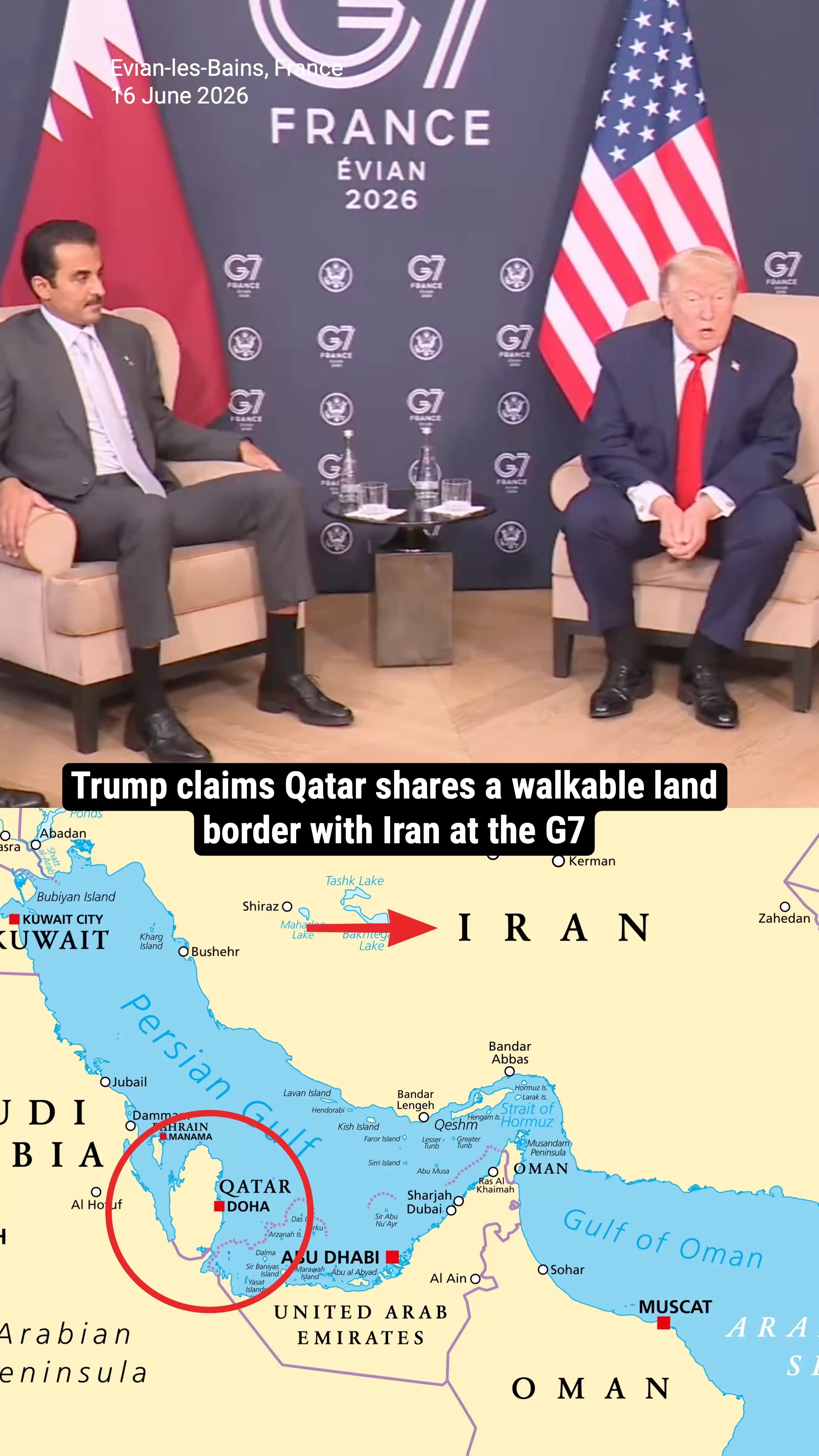 Trump claims Qatar shares a walkable land border with Iran at the G7