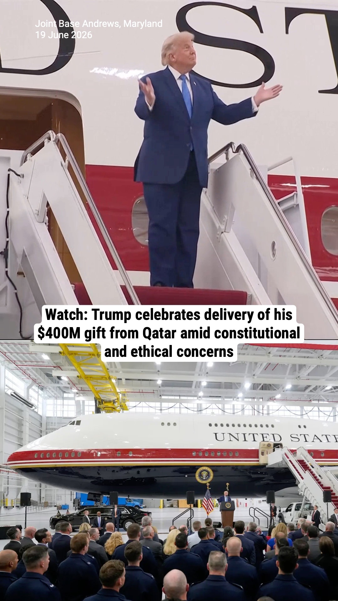 Watch: Trump celebrates delivery of his $400M gift from Qatar amid constitutional and ethical concerns
