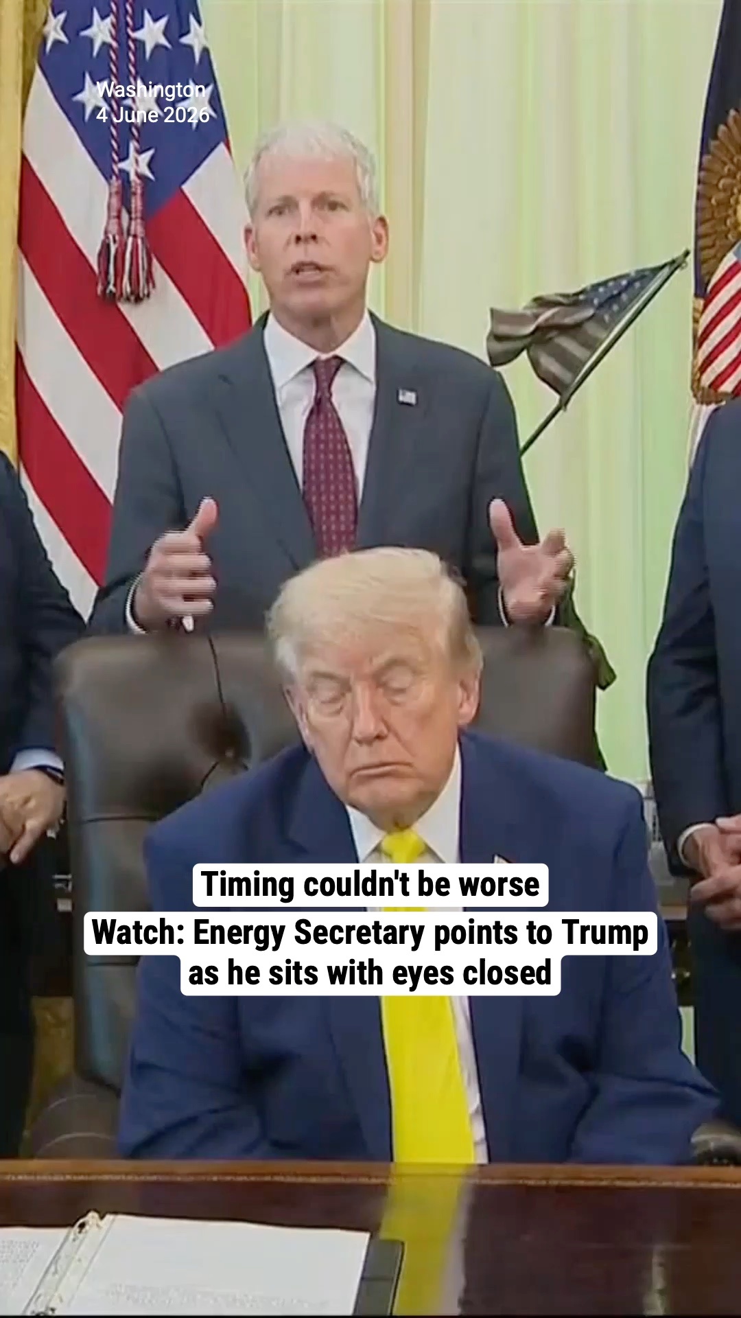 Watch: Energy Secretary points to Trump as he sits with eyes closed