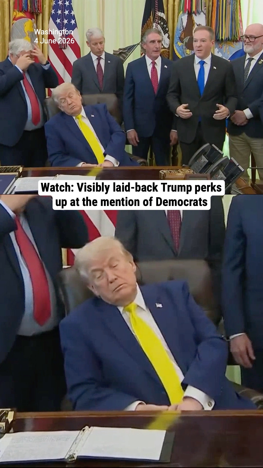 Watch: Visibly laid-back Trump perks up at the mention of Democrats