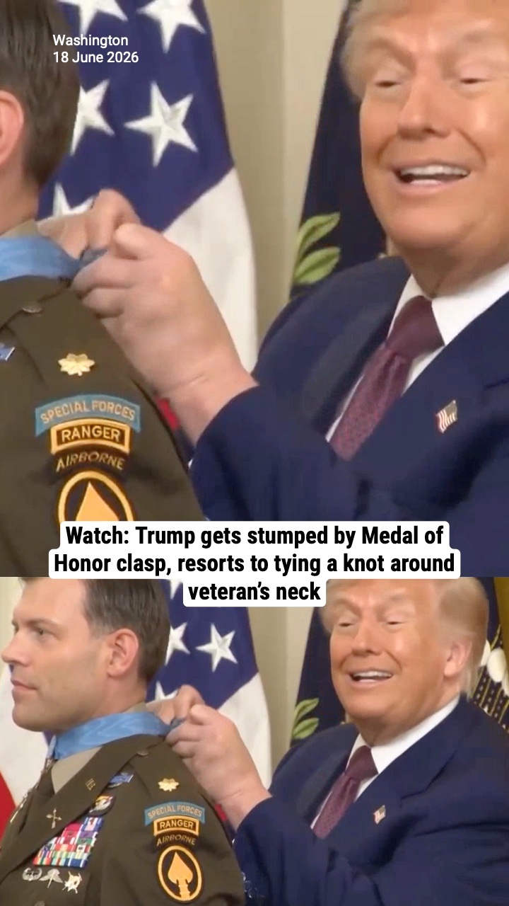 Watch: Trump gets stumped by Medal of Honor clasp, resorts to tying a knot around veteran’s neck