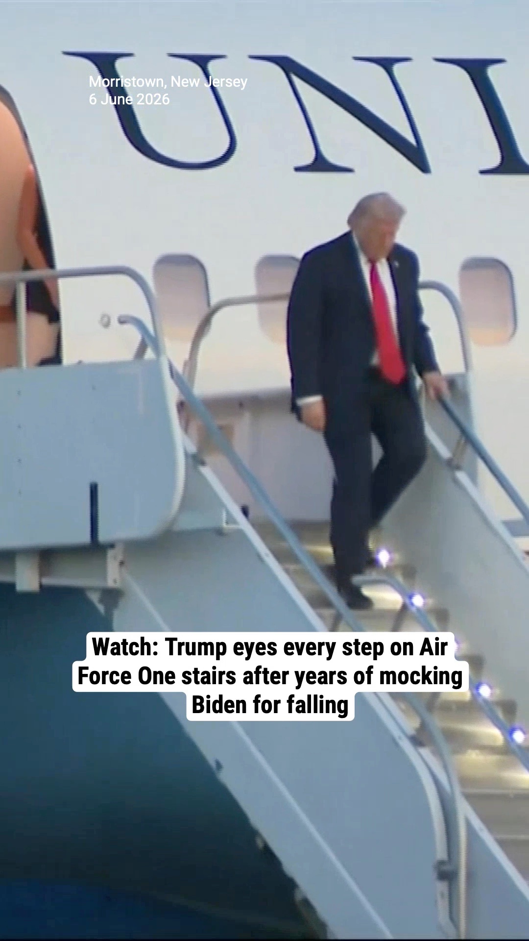 Watch: Trump eyes every step on Air Force One stairs after years of mocking Biden for falling