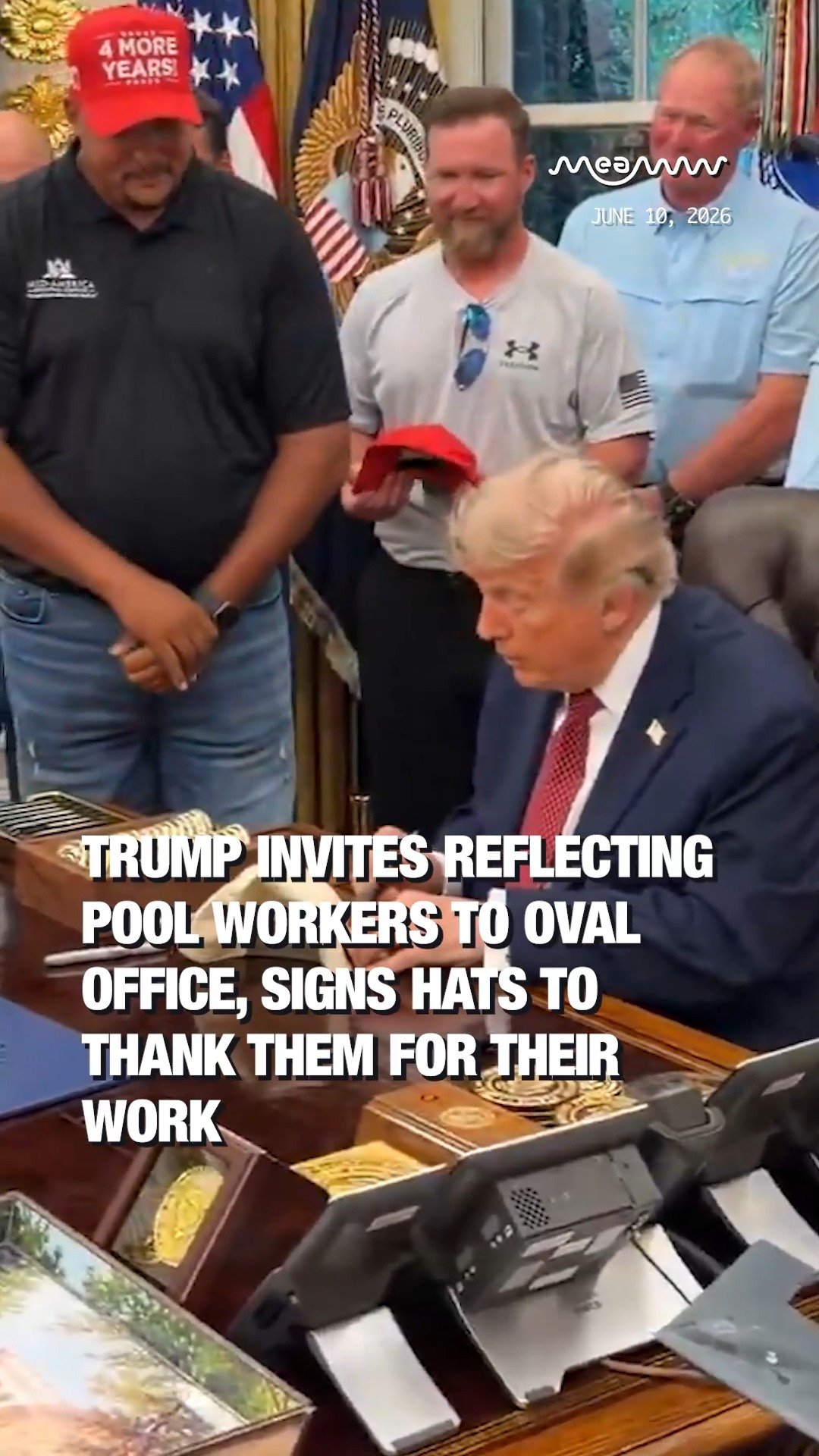 Trump Invites Reflecting Pool Workers to Oval Office, Signs Hats to Thank Them for Their Work