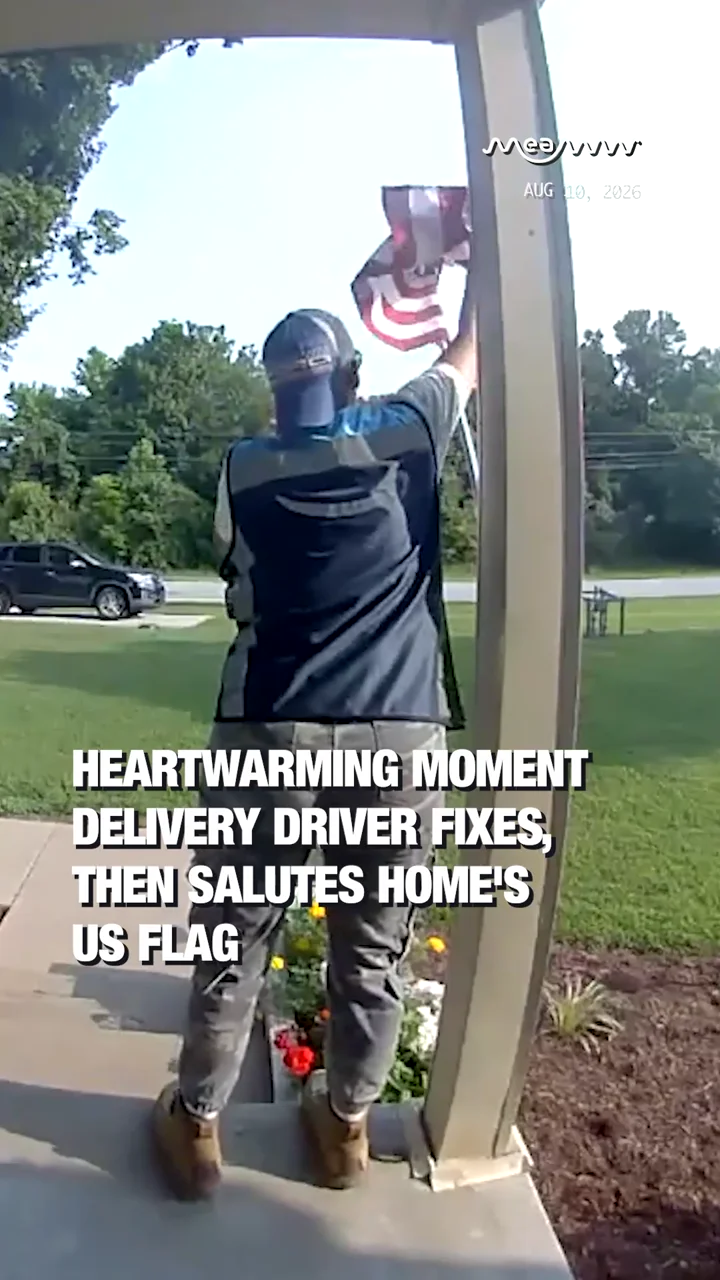 Heartwarming Moment Delivery Driver Fixes, Then Salutes Home's US Flag