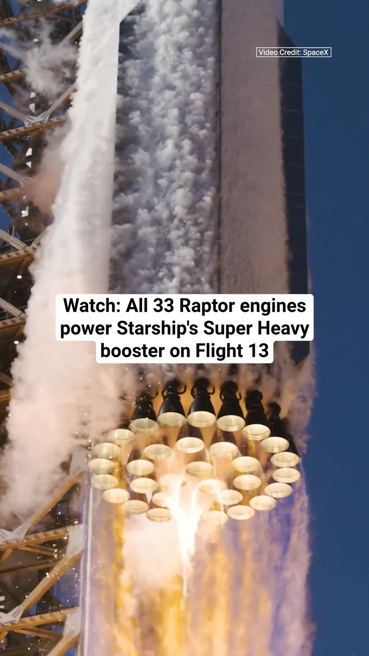 Watch: All 33 Raptor engines power Starship's Super Heavy booster on Flight 13