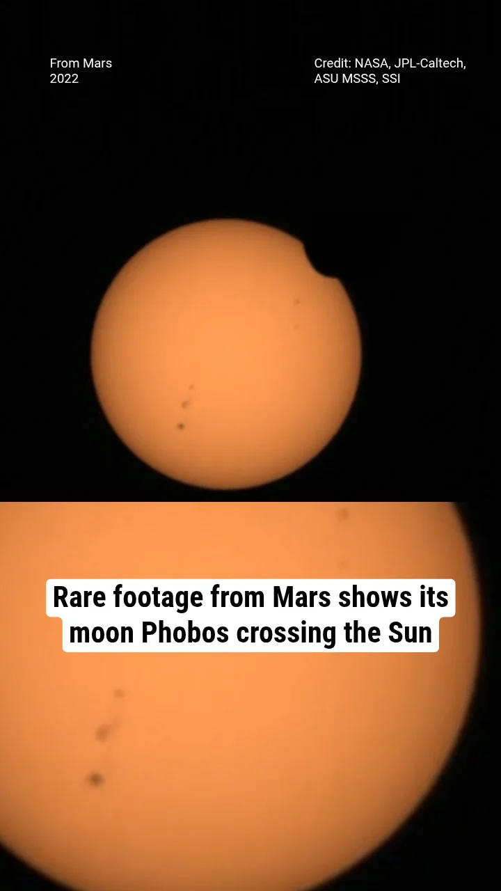 Rare footage from Mars shows its moon Phobos crossing the Sun
