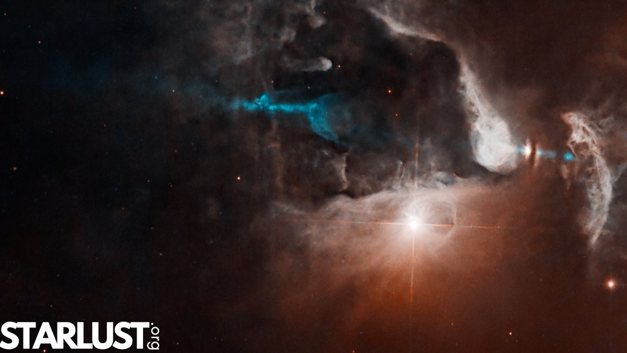 Hubble captured a newborn star 450 light-years away firing a jet of material